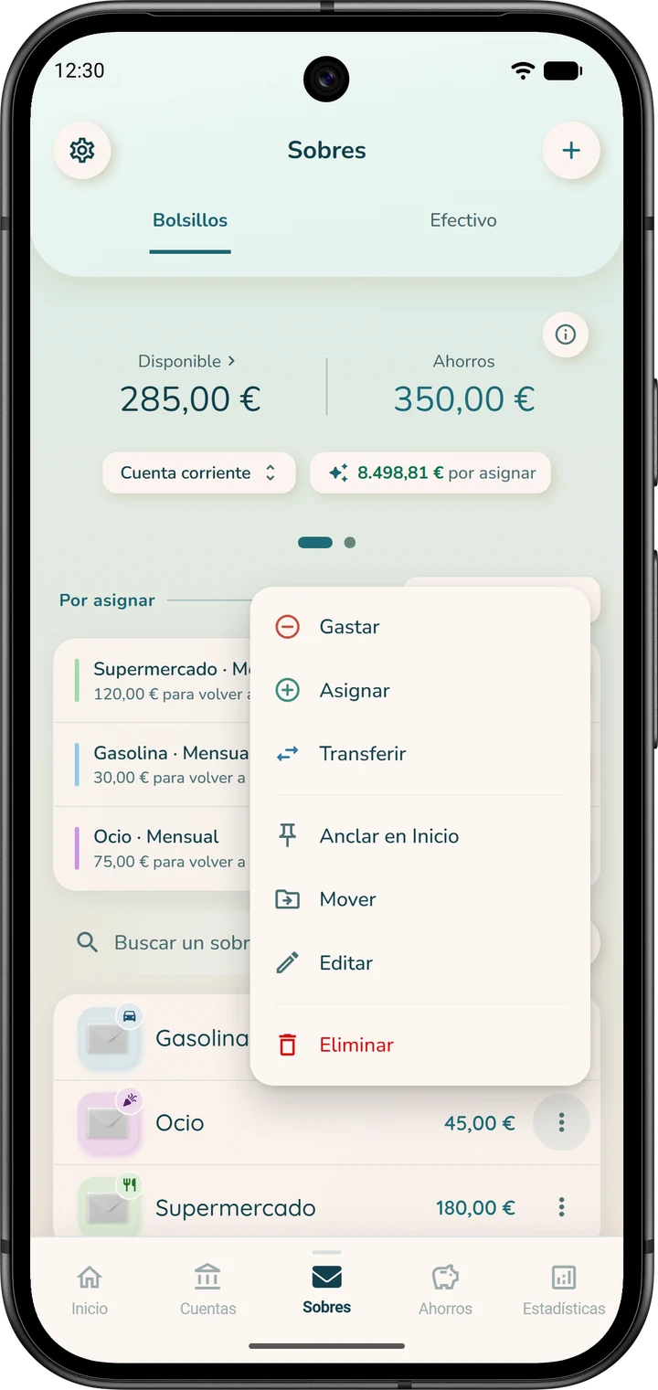 El menú de un sobre, con «Eliminar» en la última línea.