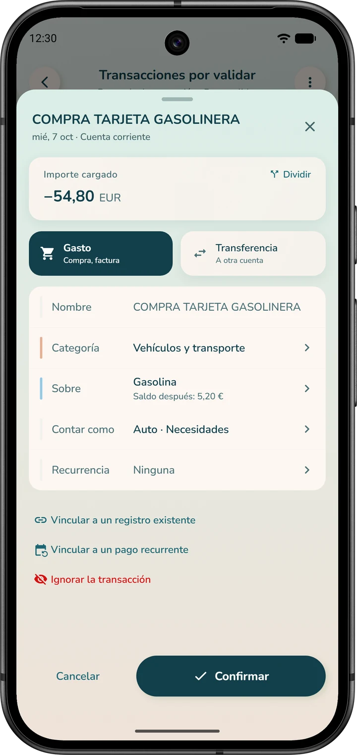 Ficha de una transacción bancaria: el campo «Sobre», con el sobre elegido y su saldo después de la transacción.