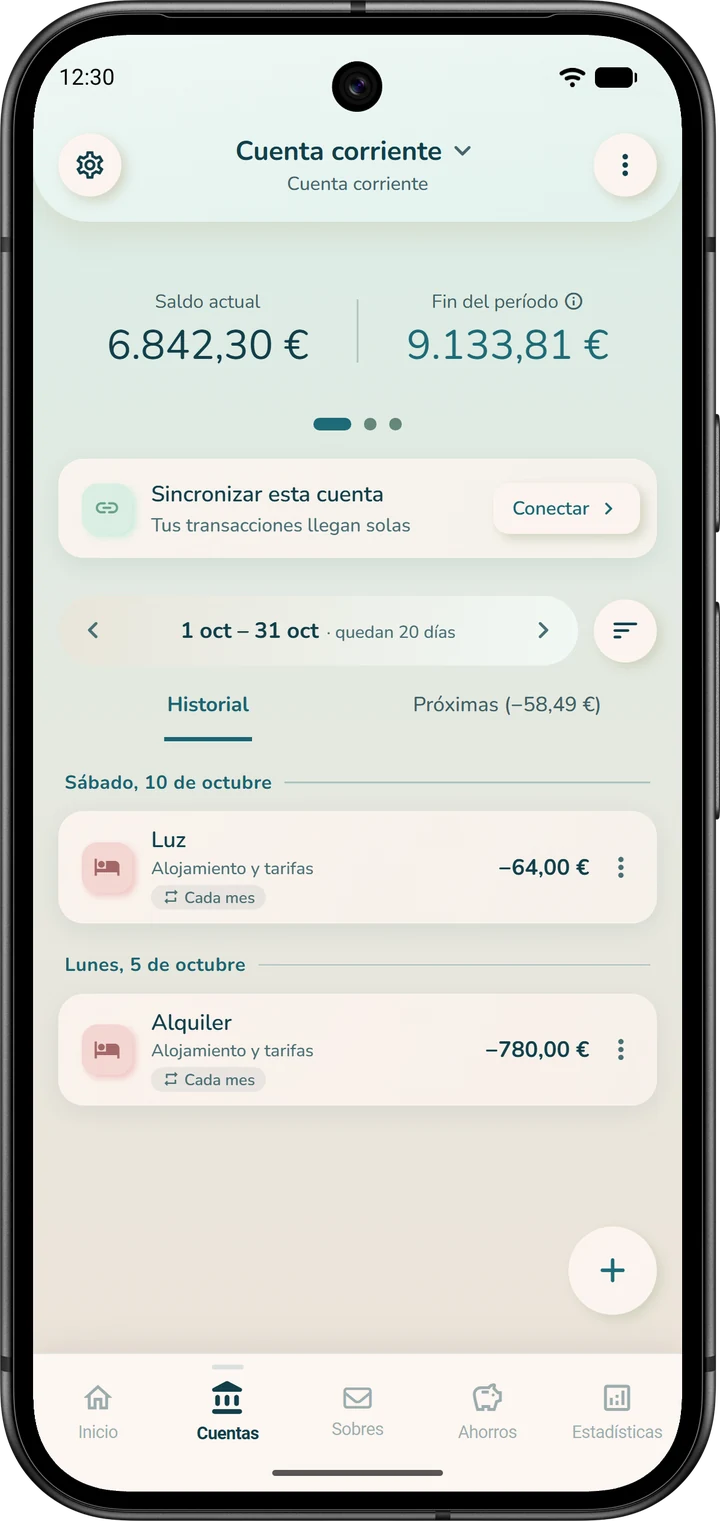Parte superior de la página de una cuenta: el saldo actual y, al lado, el fin del período, que proyecta el saldo bancario.