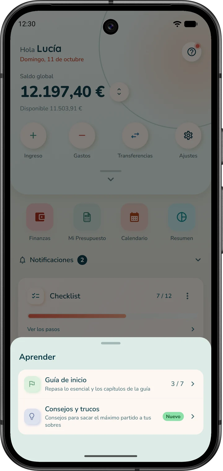 El botón de ayuda de la pantalla de inicio abre «Aprender»: «Guía de inicio» y «Consejos y trucos».