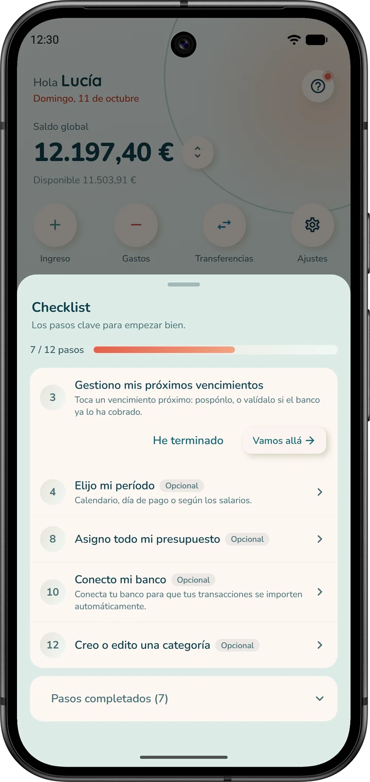 La ventana «Checklist», abierta desde la pantalla de inicio: el progreso y los pasos restantes; el paso desplegado ofrece «Vamos allá» y «He terminado».