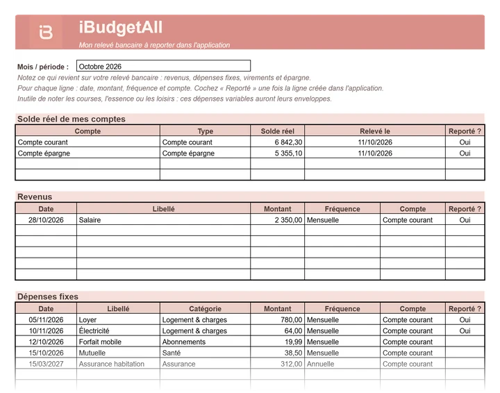 Aperçu du fichier de préparation rempli : les soldes des comptes, un revenu et les dépenses fixes, chacun avec sa date, son montant, sa fréquence et son compte.
