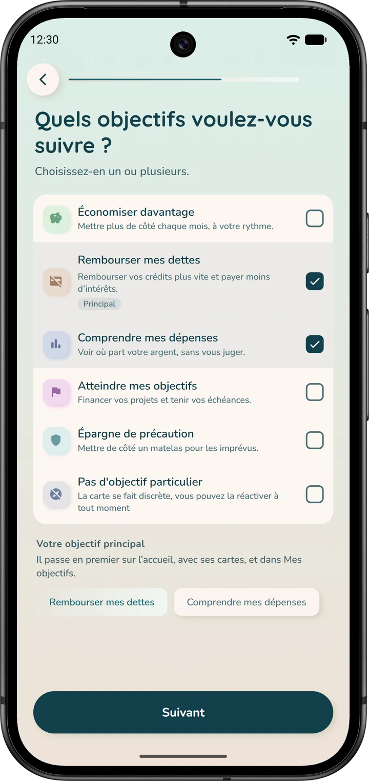 Page de l'assistant où l'on choisit un ou plusieurs objectifs à suivre, comme « Rembourser mes dettes ».