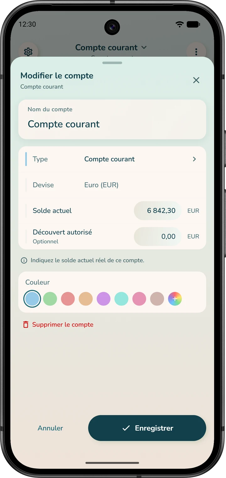 Fenêtre « Modifier le compte » : le champ « Solde actuel » pour aligner le solde sur celui de la banque, et le bouton « Enregistrer ».