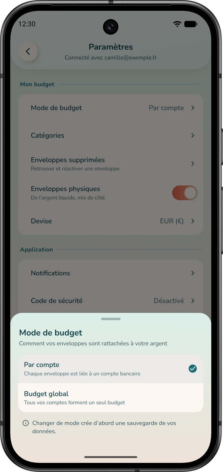 Feuille de choix du mode de budget : « Par compte » ou « Budget global », avec la sauvegarde faite avant tout changement.