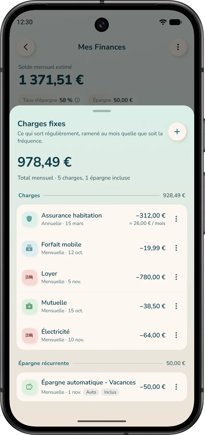 Liste « Charges fixes » : les dépenses fixes et l'épargne récurrente réunies, avec leur total mensuel et un bouton « + » pour ajouter.