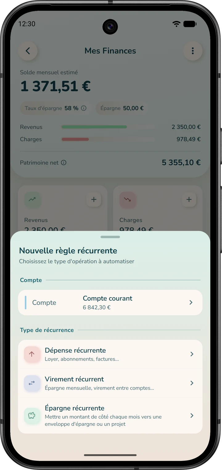 Fenêtre « Nouvelle règle récurrente » : choix du compte puis du type de règle, dont « Dépense récurrente ».