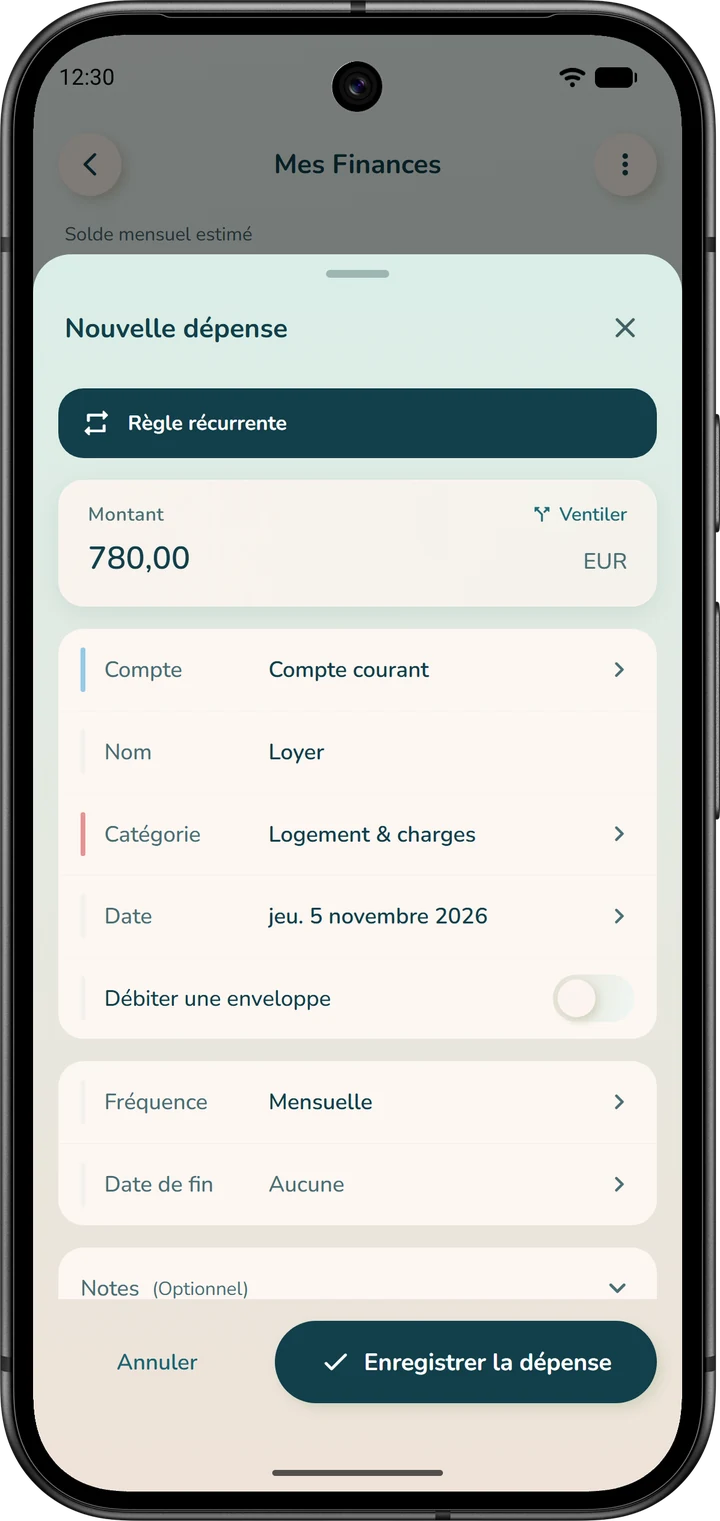 Formulaire d'une dépense récurrente : montant, nom, catégorie, date du prochain prélèvement, fréquence et interrupteur « Débiter une enveloppe ».