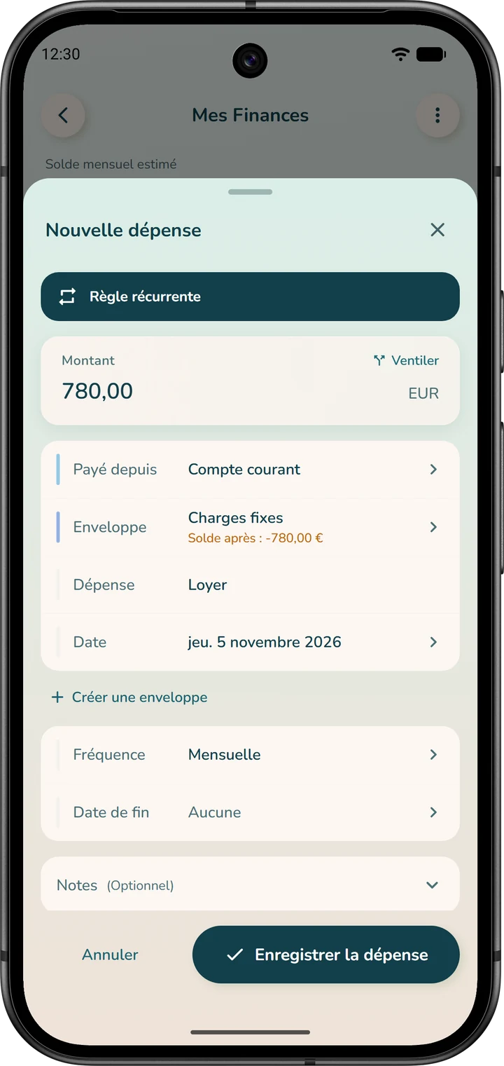 Formulaire d'une dépense récurrente en mode « Budget global » : le champ « Enveloppe » remplace la catégorie.