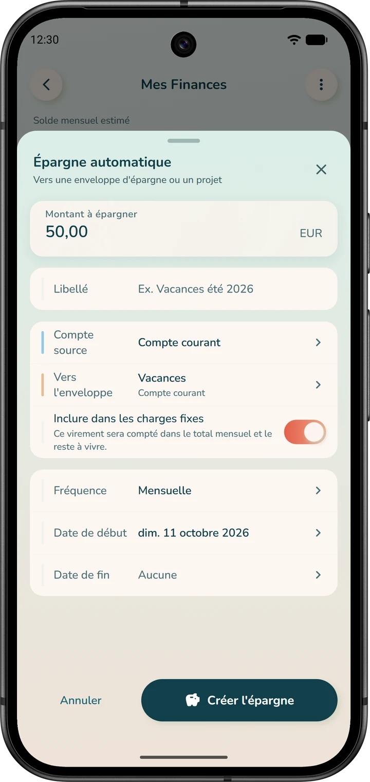 Fenêtre « Épargne automatique » : compte source, montant à épargner, enveloppe qui reçoit et fréquence.