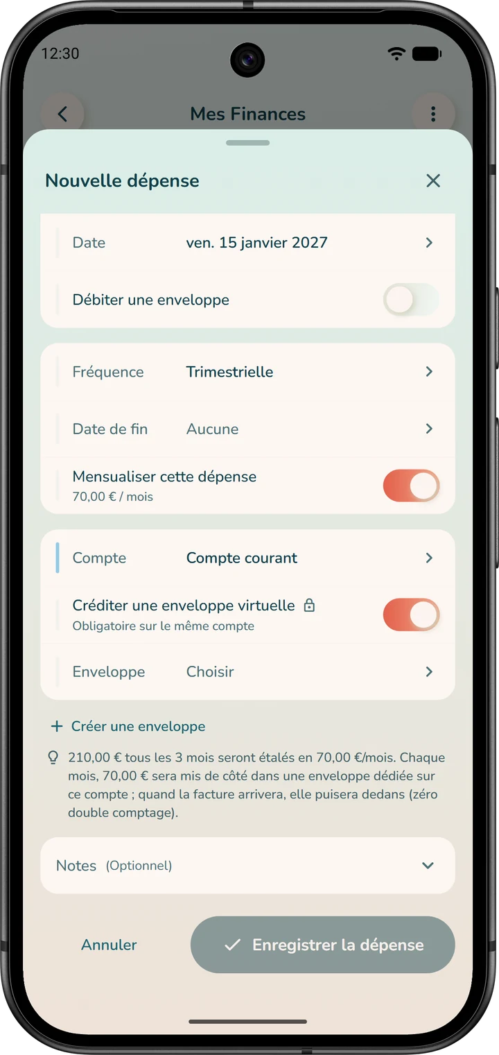 Option « Mensualiser cette dépense » d'une facture trimestrielle : la somme mise de côté chaque mois et le compte de provision.