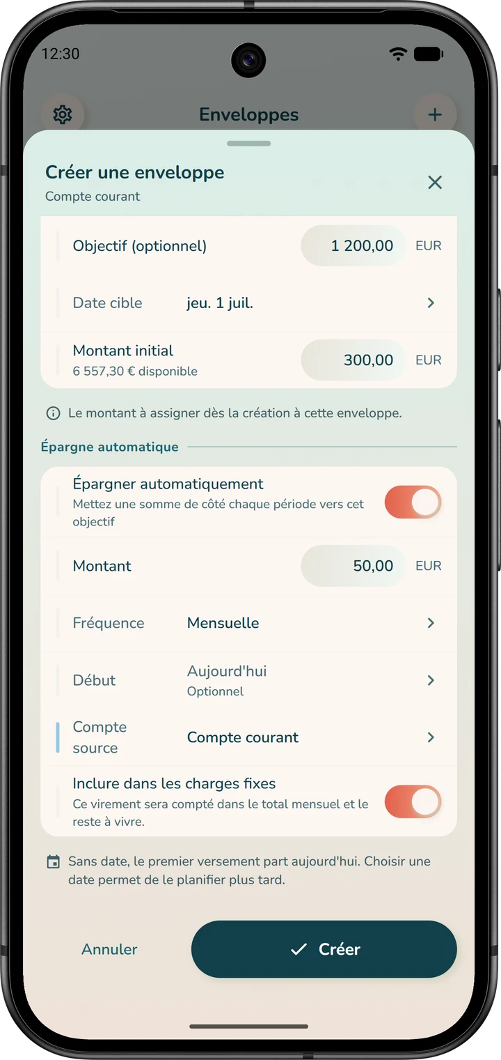 Formulaire de création d'une enveloppe : le montant initial, versement unique, puis l'épargne automatique, versement qui se répète.