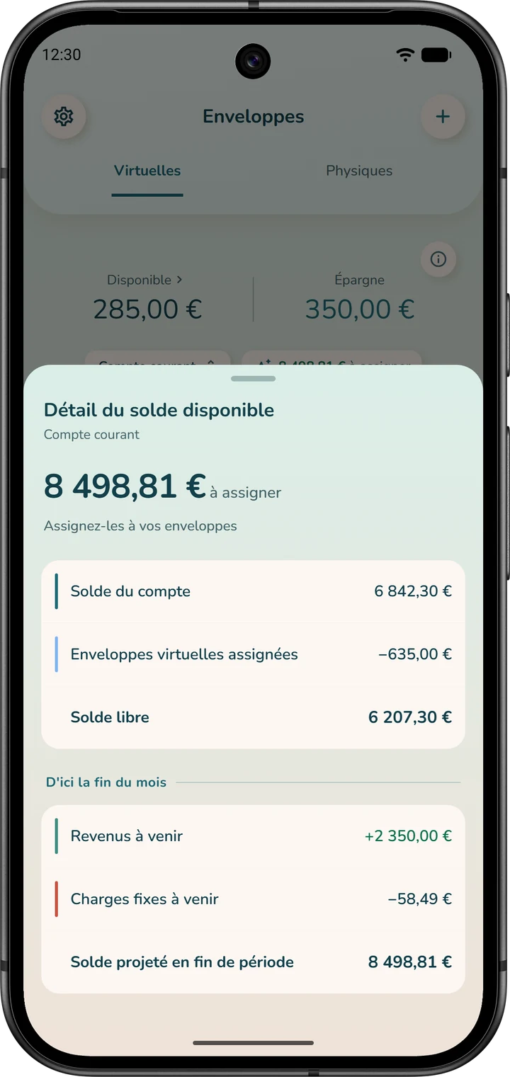 Feuille « Détail du solde disponible », ouverte depuis l'onglet « Enveloppes » : du solde du compte à l'argent qui reste à assigner.
