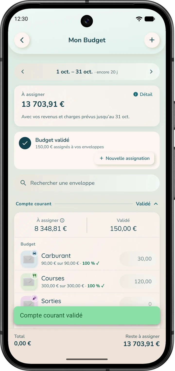 « Mon Budget » juste après la validation d'un compte : le compte affiche « Validé » et la carte « Budget validé » apparaît.