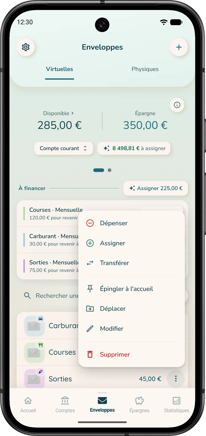 Le menu d'une enveloppe, avec « Supprimer » en dernière ligne.