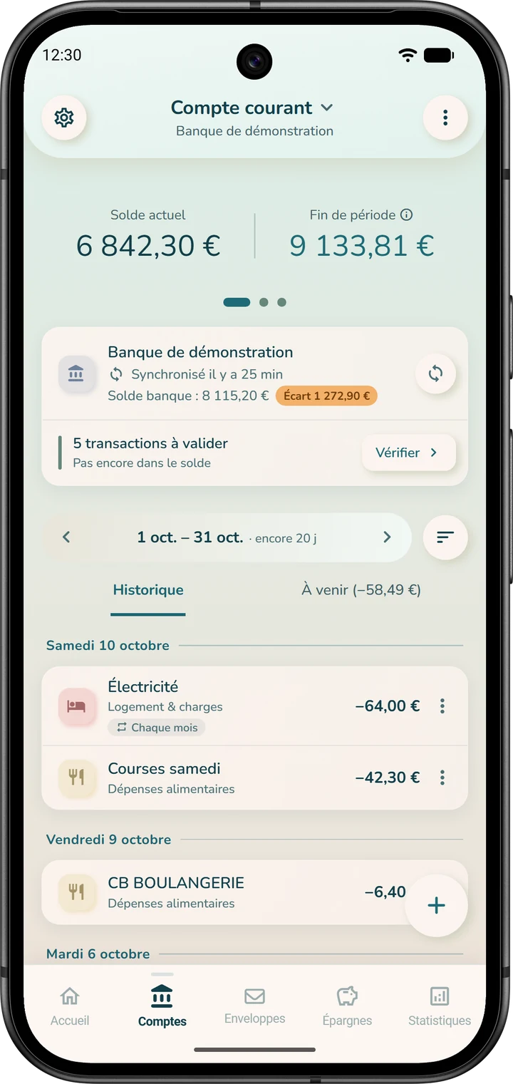 Carte d'un compte relié à la banque : le nombre de transactions à valider, le solde banque et l'écart avec le solde de l'application.