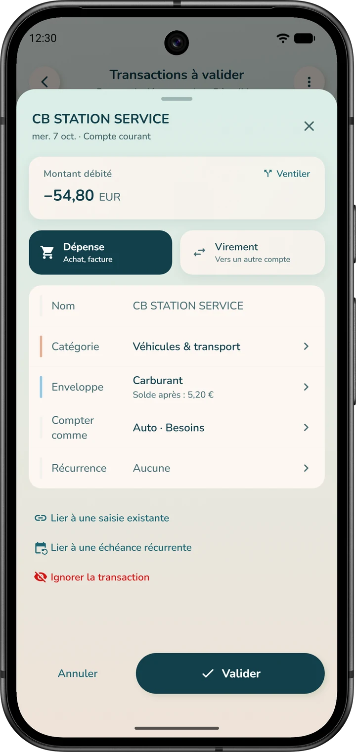 Fiche d'une opération bancaire : la ligne « Enveloppe », avec l'enveloppe choisie et son solde après l'opération.