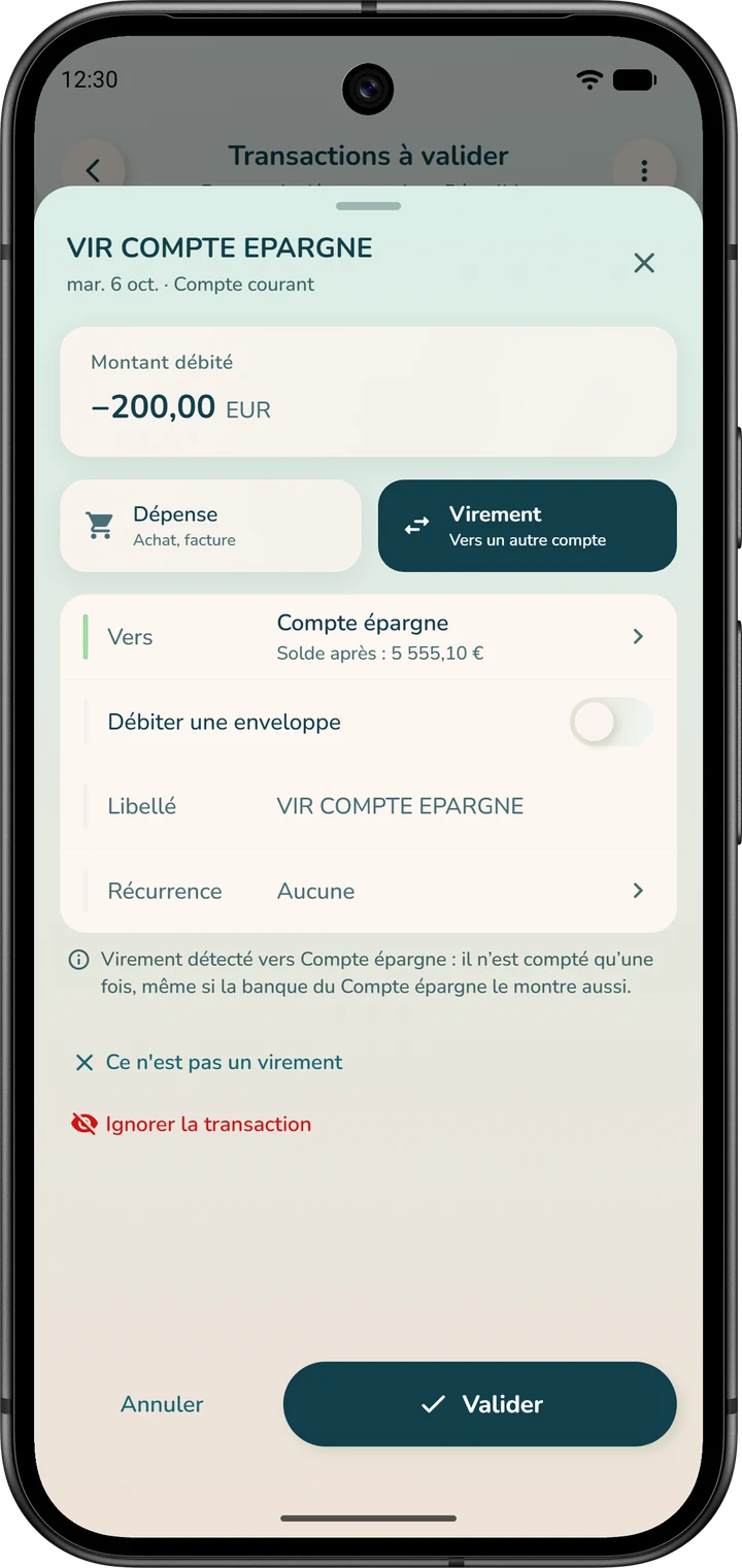 Fiche d'une opération bancaire enregistrée comme virement : le compte de destination et son solde après le virement.