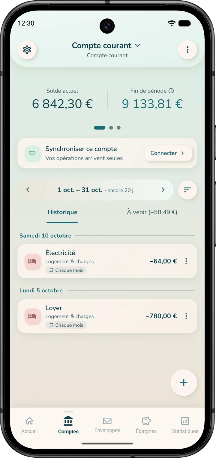 Haut de la page d'un compte : le solde actuel et, à côté, la fin de période qui projette le solde bancaire.
