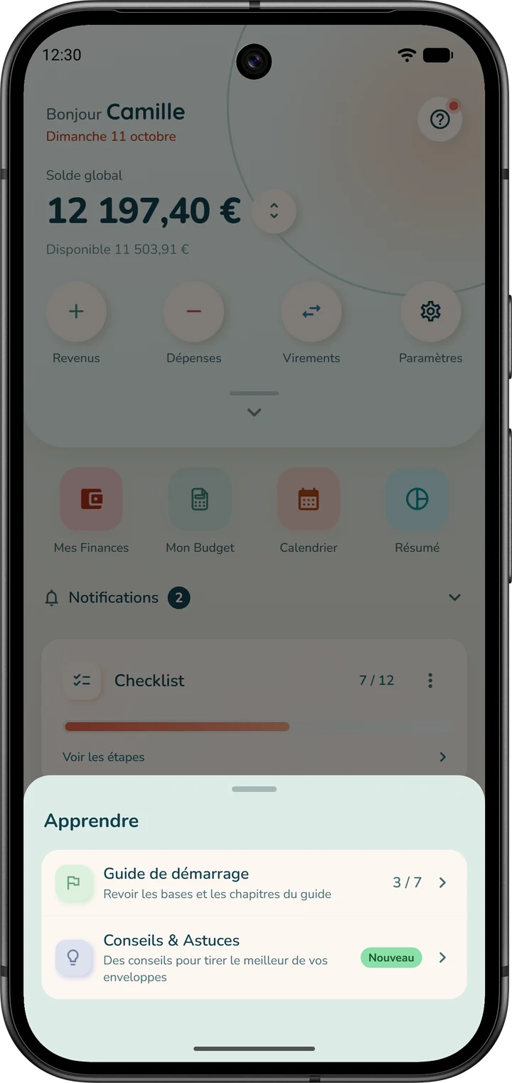 Le bouton d'aide de l'accueil ouvre « Apprendre » : « Guide de démarrage » et « Conseils & Astuces ».