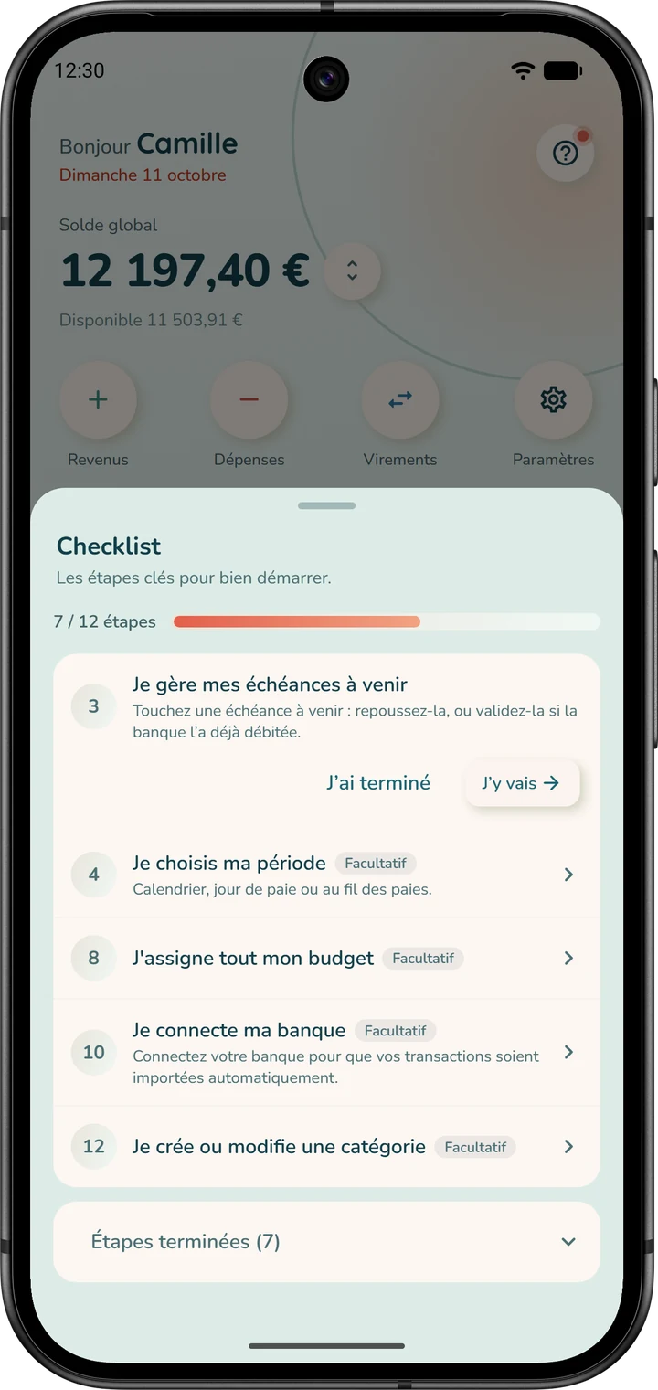 La feuille « Checklist », ouverte depuis l'accueil : la progression et les étapes restantes ; l'étape dépliée propose « J'y vais » et « J'ai terminé ».