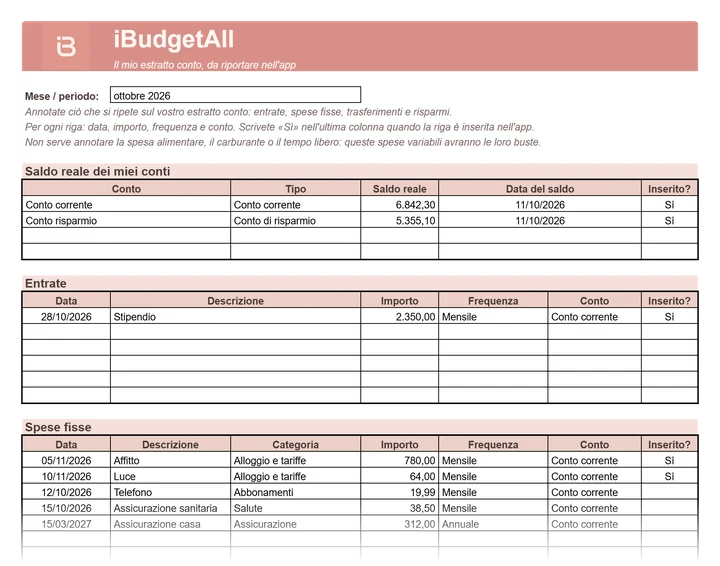 Anteprima del file di preparazione compilato: i saldi dei conti, un'entrata e le spese fisse, ciascuna voce con data, importo, frequenza e conto.