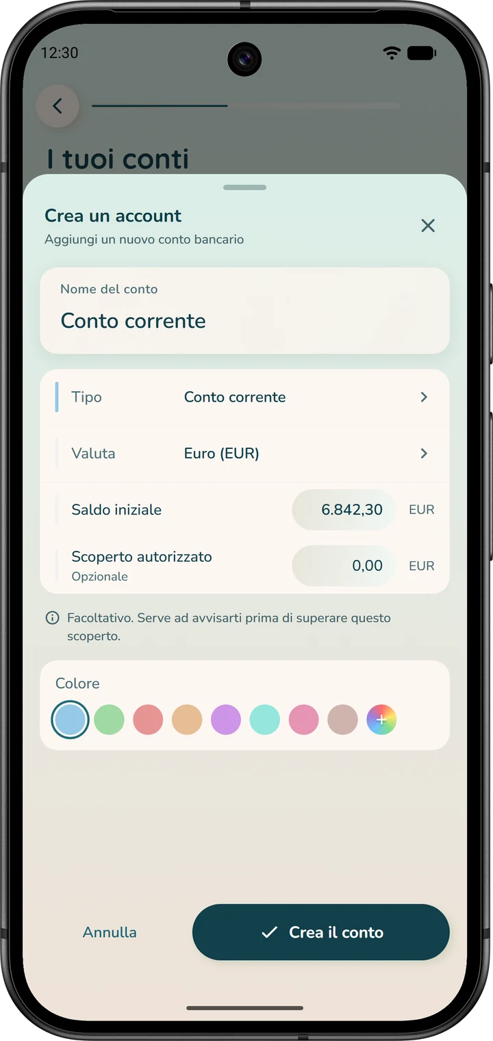 Finestra «Crea un account» della procedura guidata: nome del conto, tipo, valuta e campo «Saldo iniziale» compilato con il saldo reale.