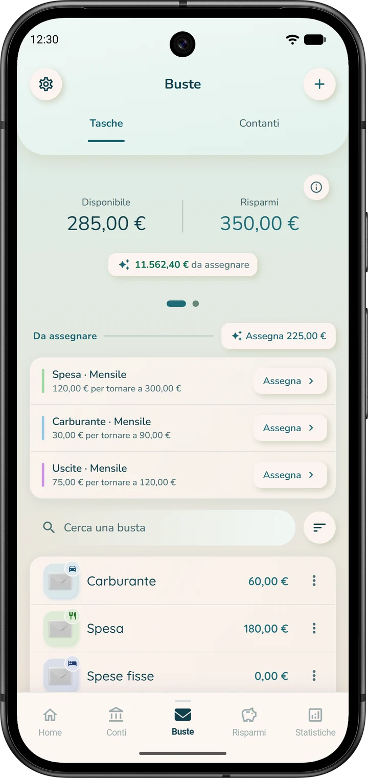 Scheda «Buste» in modalità «Budget globale»: tutte le buste insieme, con il denaro ancora da assegnare.