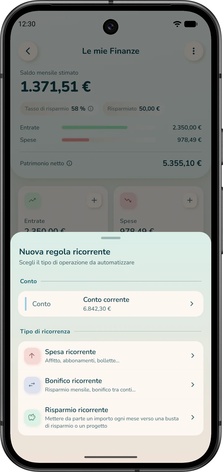 Finestra «Nuova regola ricorrente»: scelta del conto e poi del tipo di regola, tra cui «Spesa ricorrente».