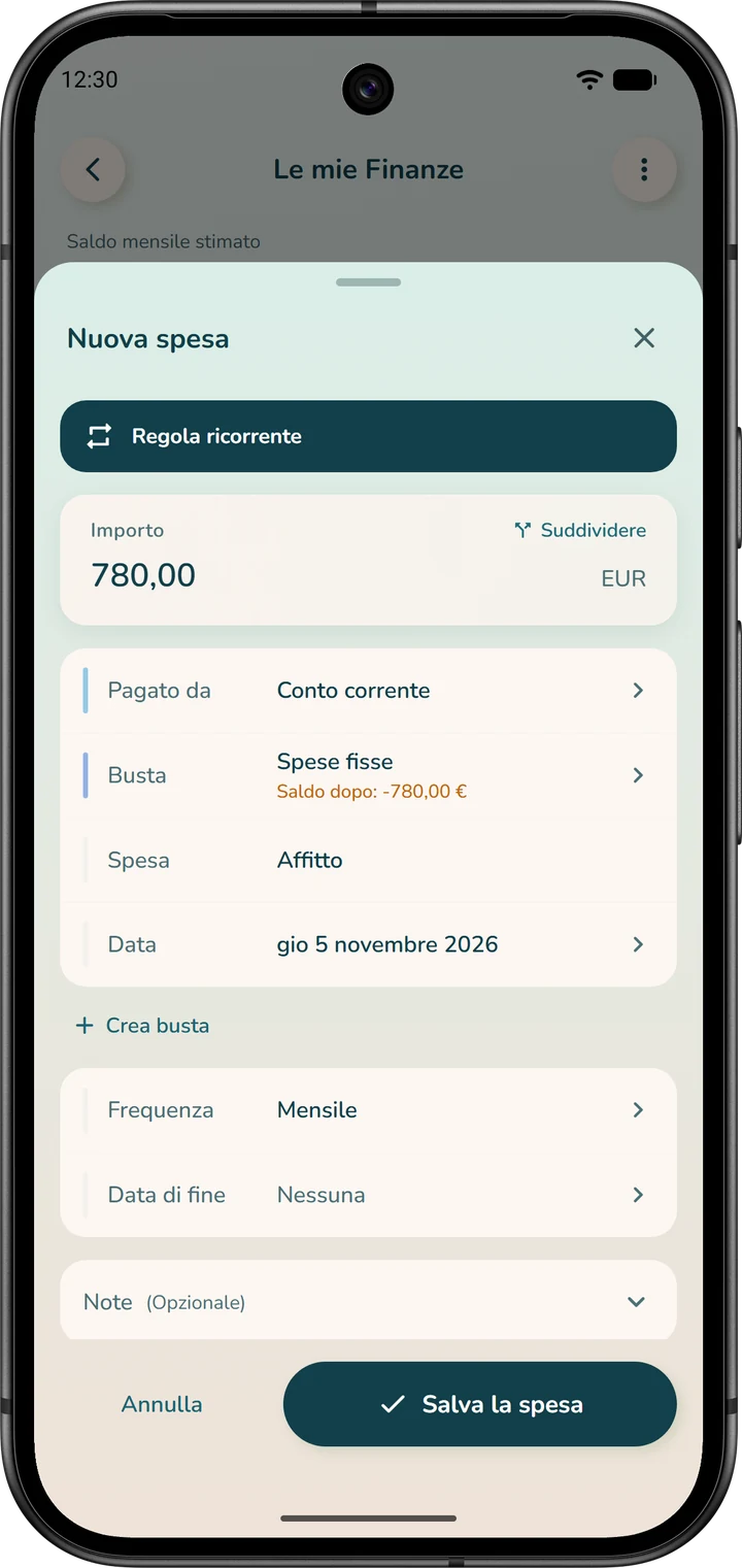 Modulo di una spesa ricorrente in modalità «Budget globale»: il campo «Busta» sostituisce la categoria.