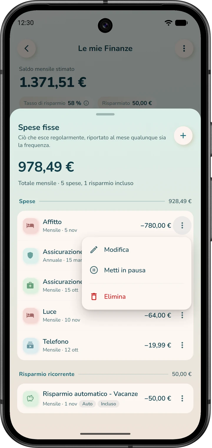 Elenco «Spese fisse»: il menu ⋮ di una regola propone «Modifica», «Metti in pausa» ed «Elimina».