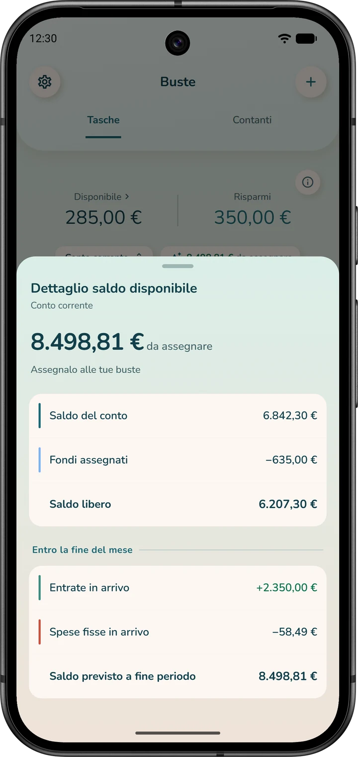 Finestra «Dettaglio saldo disponibile», aperta dalla scheda «Buste»: dal saldo del conto al denaro ancora da assegnare.