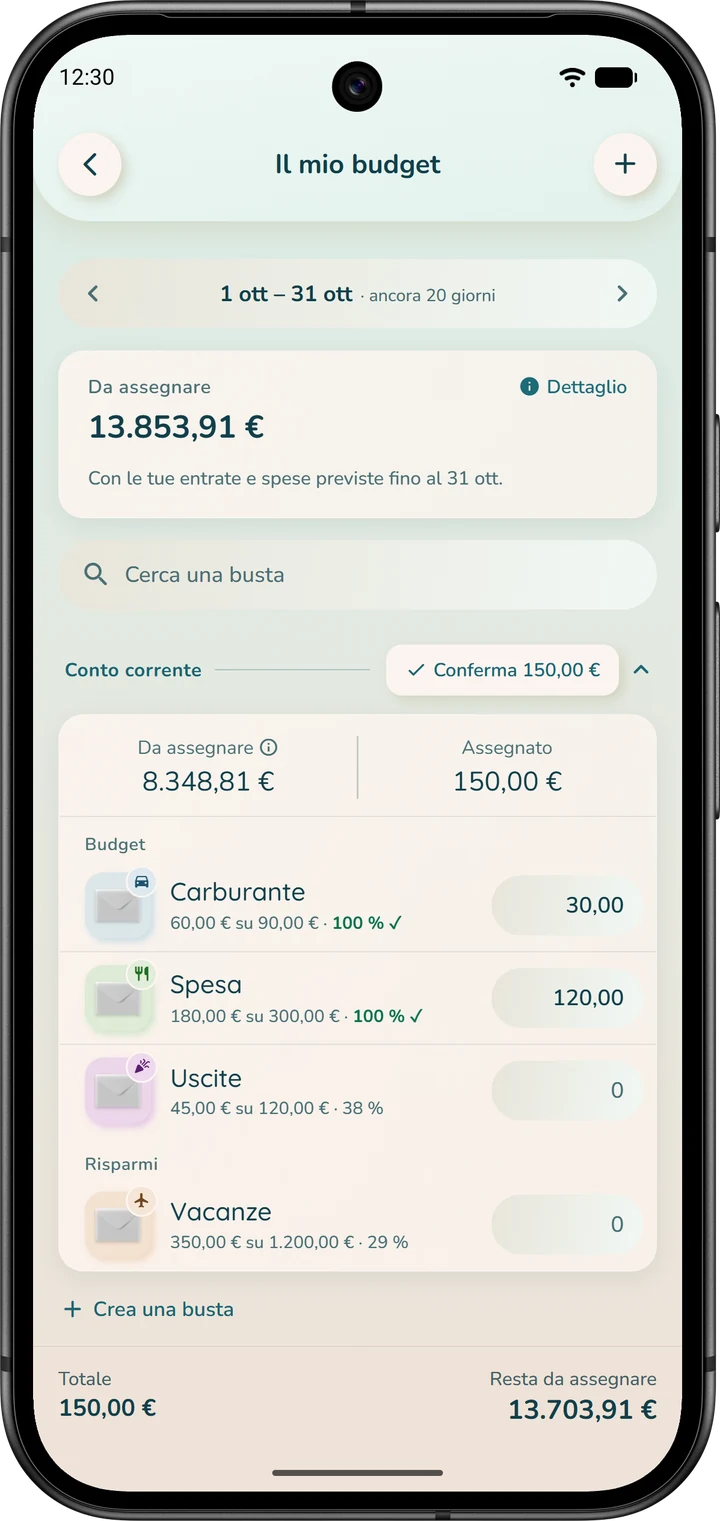 «Il mio Budget»: il periodo in alto, l'importo da assegnare e un importo inserito accanto a ogni busta.