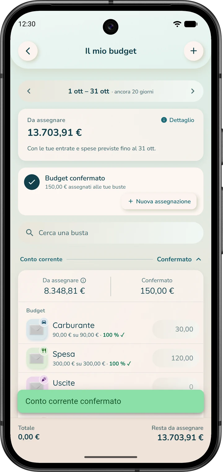 «Il mio Budget» subito dopo la conferma di un conto: il conto indica «Confermato» e compare il riquadro «Budget confermato».