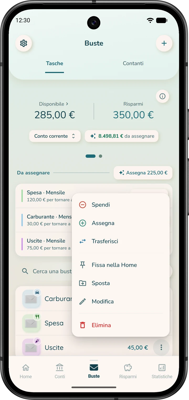 Il menu di una busta, con «Elimina» all'ultima riga.