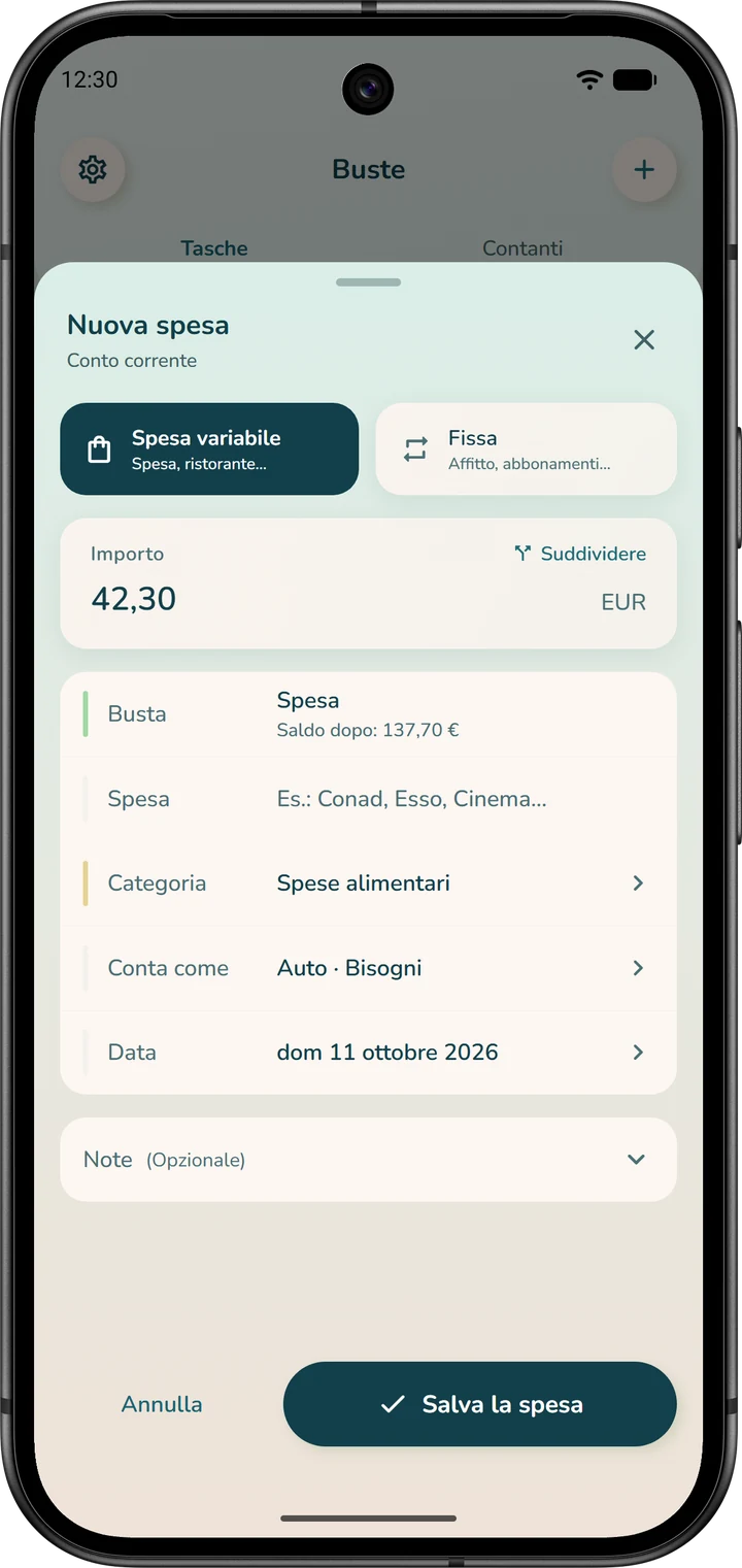 Nuova spesa aperta dalla busta «Spesa»: la busta è già selezionata e il suo saldo dopo la spesa è visibile.