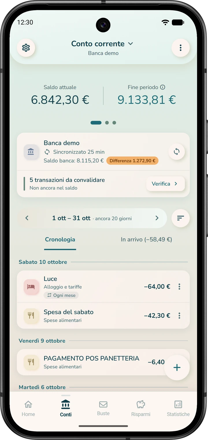 Riquadro di un conto collegato alla banca: il numero di transazioni da convalidare, il saldo della banca e la differenza con il saldo dell'app.