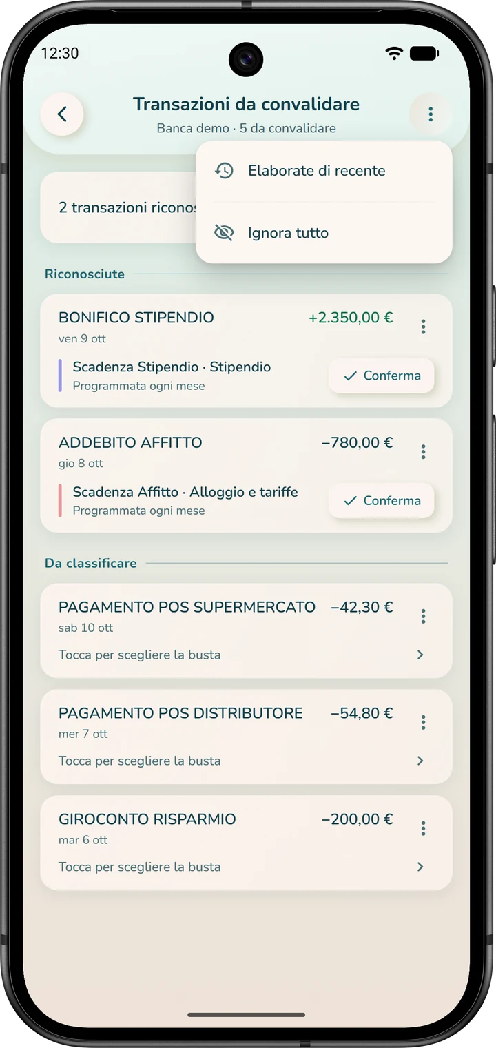 Elenco «Transazioni da convalidare»: le transazioni importate dalla banca, divise in riconosciute e da classificare, e il menu della pagina con «Elaborate di recente» e «Ignora tutto».