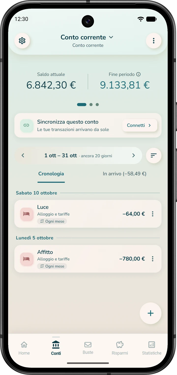 Parte alta della pagina di un conto: il saldo attuale e, accanto, la cifra di fine periodo, proiezione del saldo bancario.