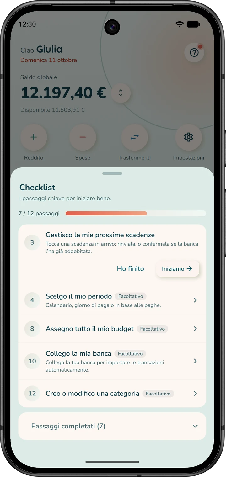 La finestra «Checklist», aperta dalla Home: l'avanzamento e i passaggi rimanenti; il passaggio aperto propone «Iniziamo» e «Ho finito».