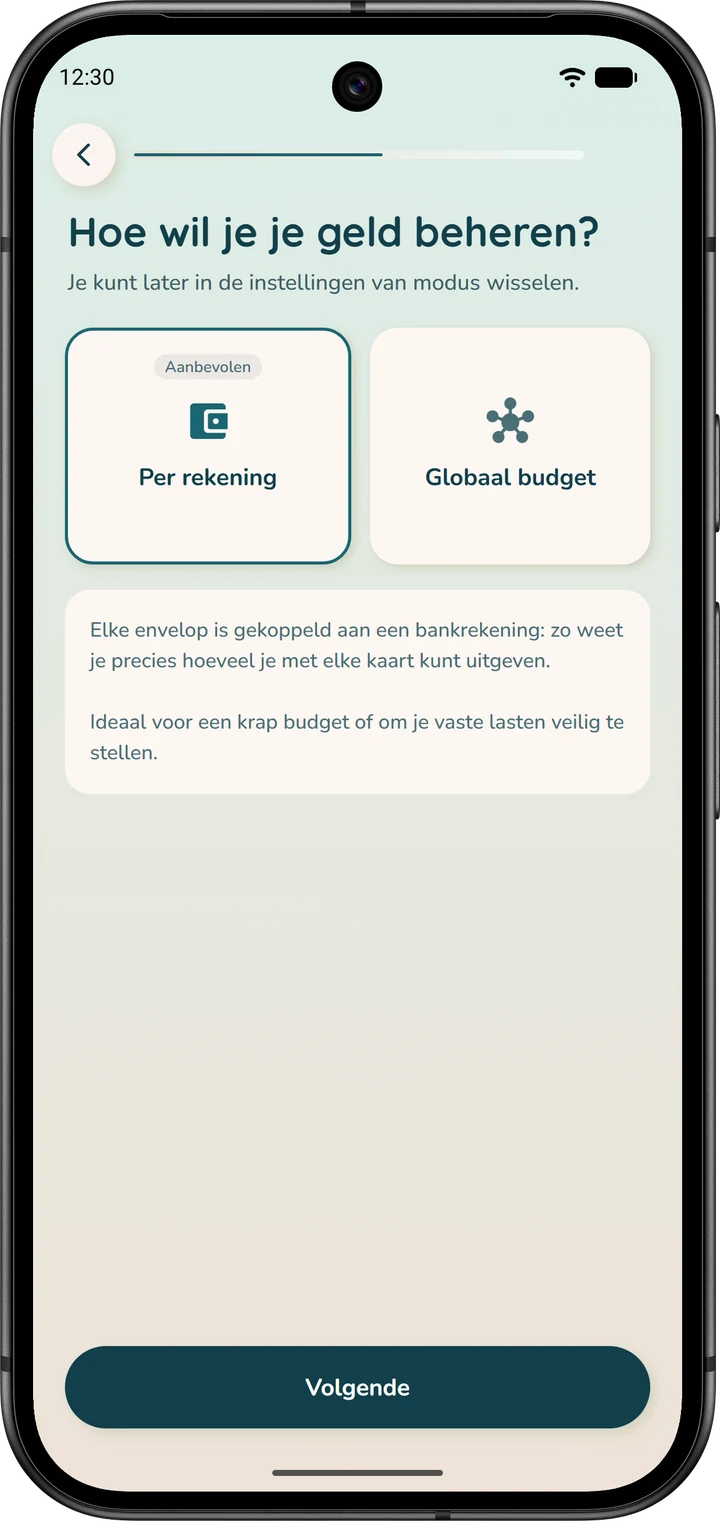De keuze van de budgetmodus in de wizard: ‘Per rekening’ (aanbevolen) en ‘Globaal budget’.