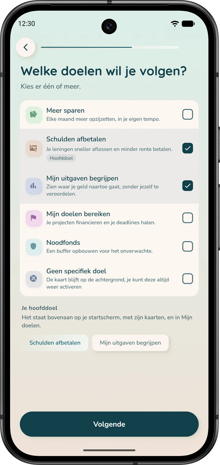 Pagina van de wizard waar u een of meer doelen kiest om te volgen, zoals ‘Schulden afbetalen’.