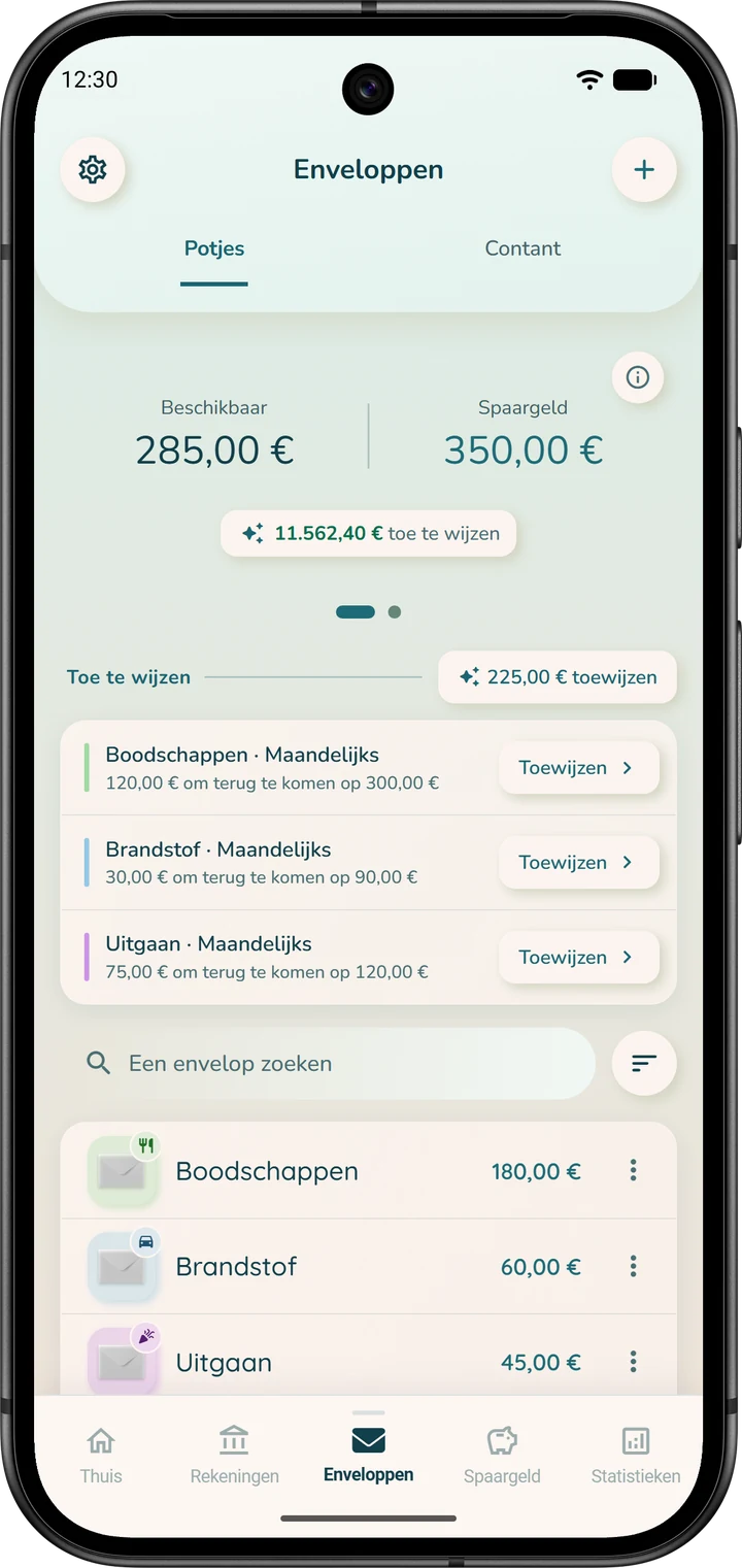 Het tabblad ‘Enveloppen’ in de modus ‘Globaal budget’: alle enveloppen samen, met het geld dat nog toe te wijzen is.