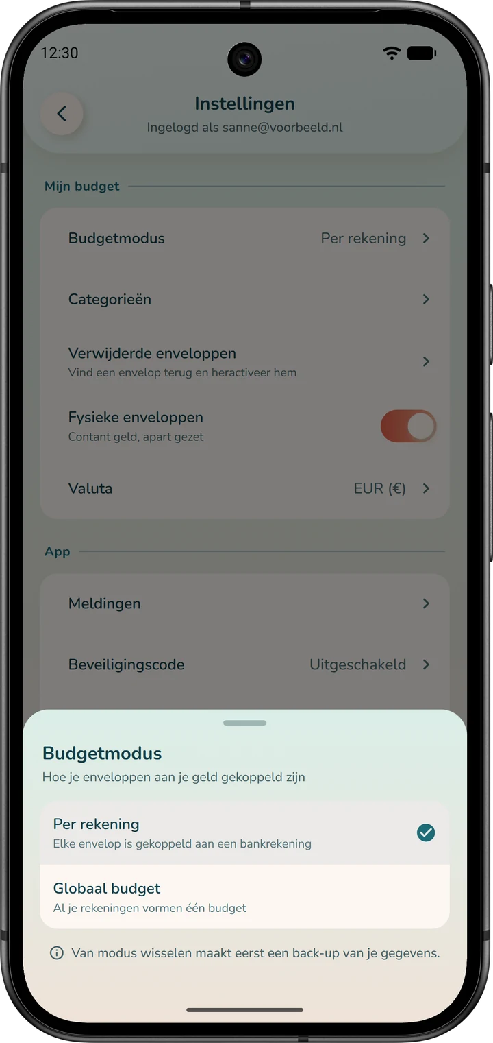 Venster om de budgetmodus te kiezen: ‘Per rekening’ of ‘Globaal budget’, met de opmerking dat er vóór elke wijziging een back-up wordt gemaakt.