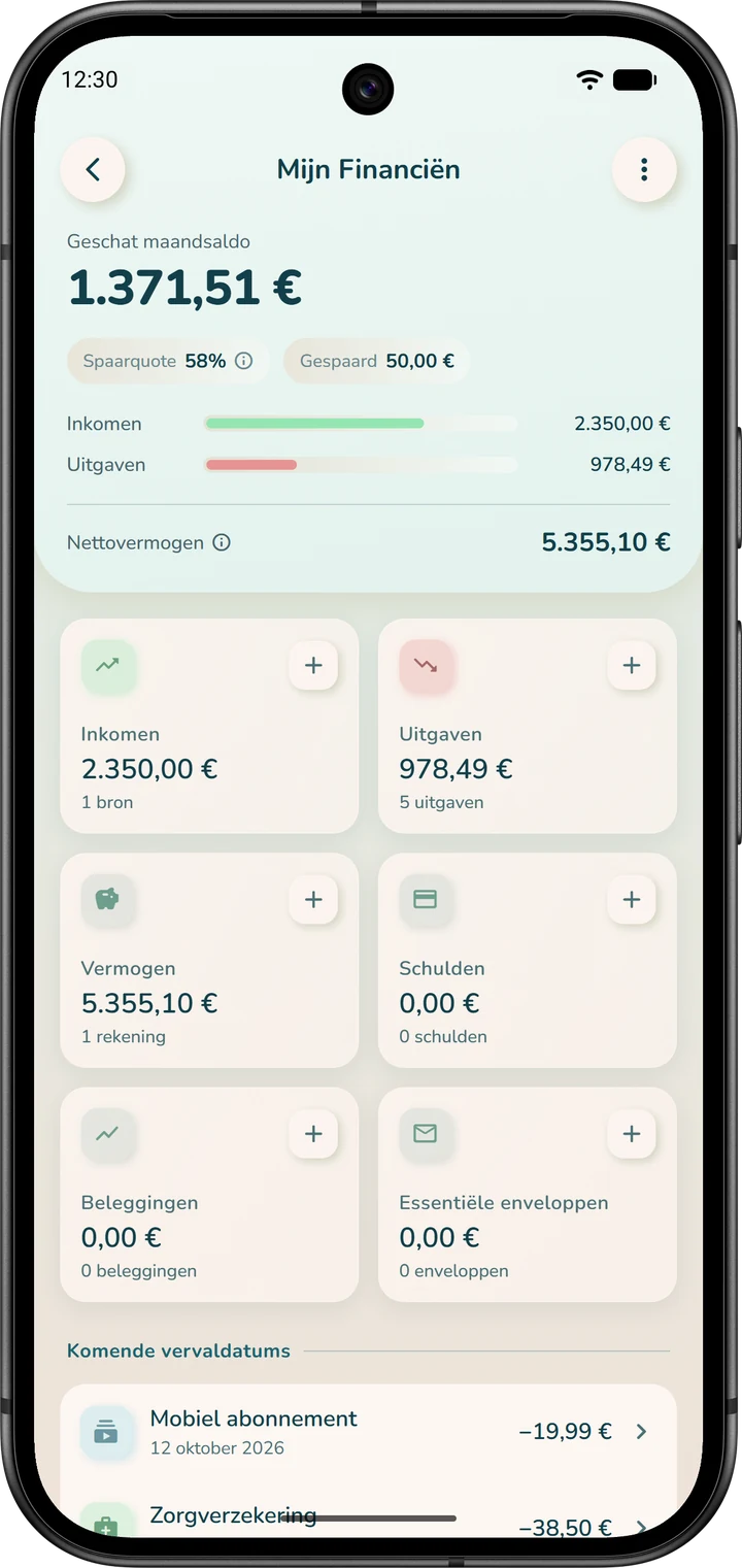 Het scherm ‘Mijn Financiën’: de kaarten ‘Inkomen’ en ‘Uitgaven’, elk met een knop ‘+’ om iets toe te voegen.