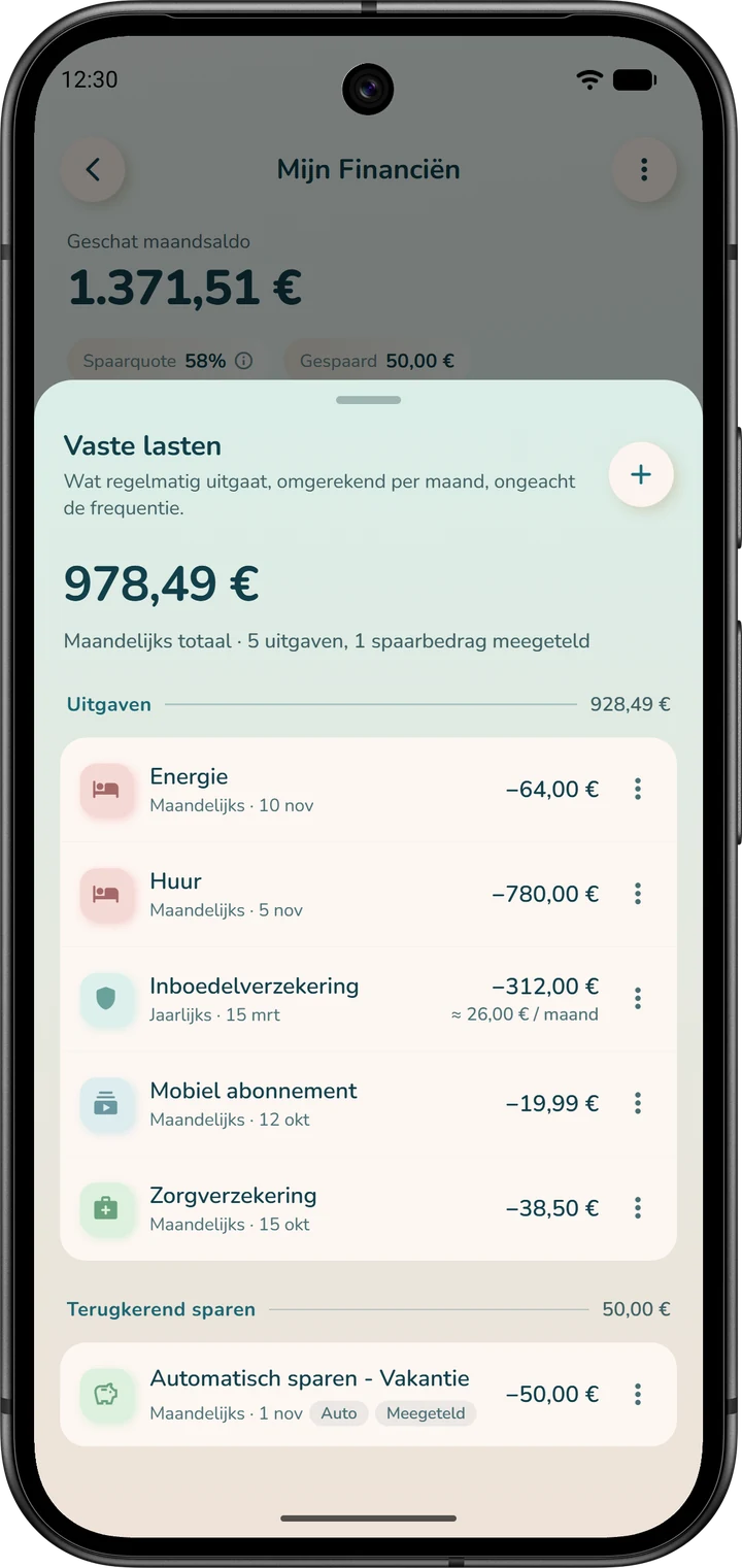 De lijst ‘Vaste lasten’: de vaste uitgaven en het terugkerende sparen bij elkaar, met het maandtotaal en een knop ‘+’ om toe te voegen.