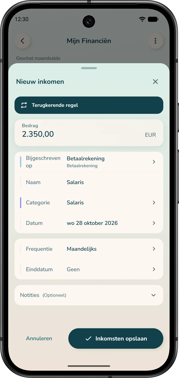 Formulier van terugkerend inkomen: bedrag, rekening waarop het wordt bijgeschreven, naam, categorie, datum van het volgende salaris en de frequentie ‘Maandelijks’.