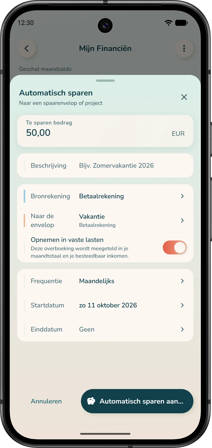 Het venster ‘Automatisch sparen’: bronrekening, te sparen bedrag, ontvangende envelop en frequentie.