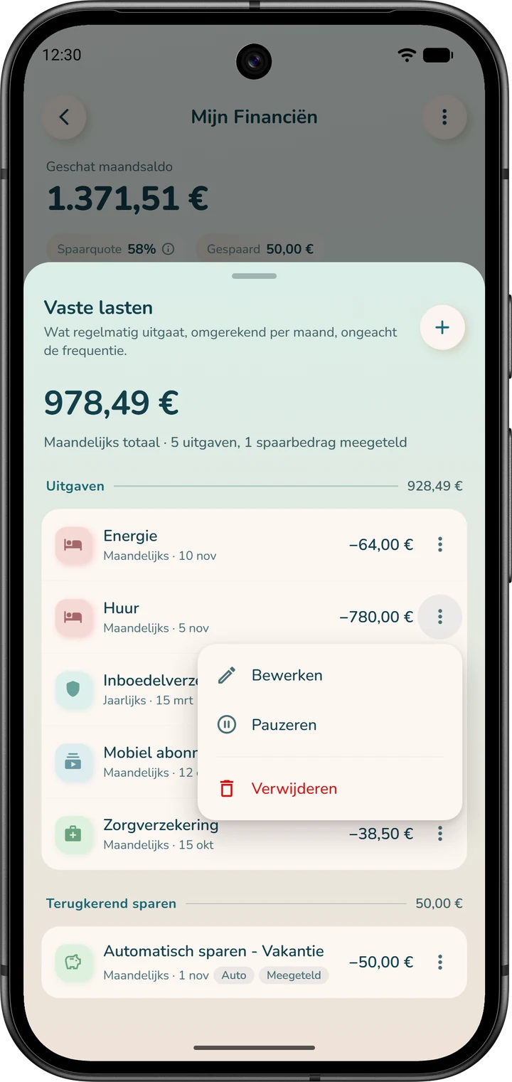 De lijst ‘Vaste lasten’: het menu ⋮ van een regel biedt ‘Bewerken’, ‘Pauzeren’ en ‘Verwijderen’.