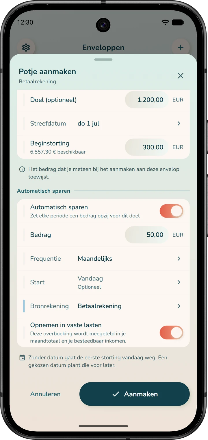 Formulier om een envelop aan te maken: de beginstorting, een eenmalige storting, en daarna automatisch sparen, een storting die zich herhaalt.